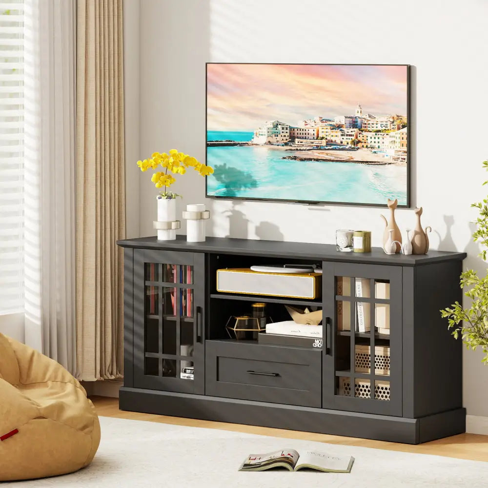 TV Stand for TVs up to 70 with Glass Doors Cubbies and Drawer-Black - Black - Entertainment Centers & TV Stands