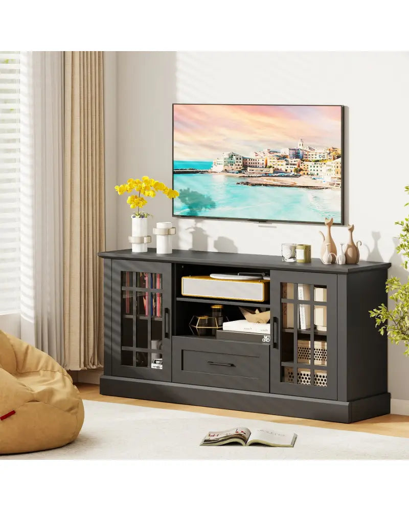 TV Stand for TVs up to 70 with Glass Doors Cubbies and Drawer-Black - Black - Entertainment Centers & TV Stands