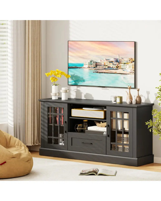 TV Stand for TVs up to 70 with Glass Doors Cubbies and Drawer-Black - Black - Entertainment Centers & TV Stands