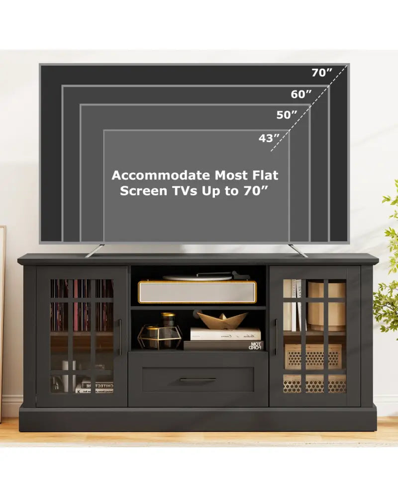 TV Stand for TVs up to 70 with Glass Doors Cubbies and Drawer-Black - Black - Entertainment Centers & TV Stands