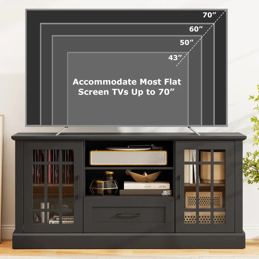 TV Stand for TVs up to 70 with Glass Doors Cubbies and Drawer-Black - Black - Entertainment Centers & TV Stands