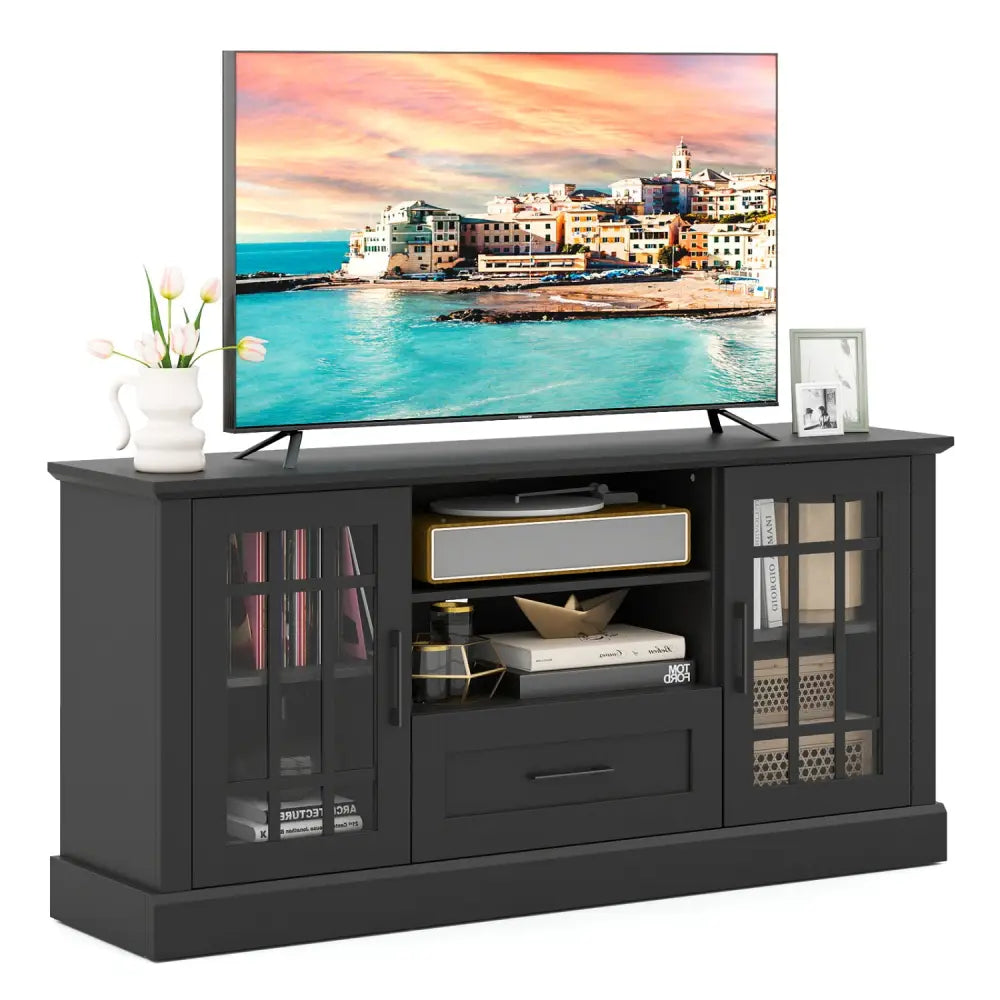 TV Stand for TVs up to 70 with Glass Doors Cubbies and Drawer-Black - Black - Entertainment Centers & TV Stands