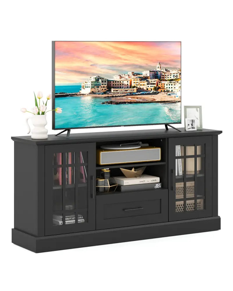 TV Stand for TVs up to 70 with Glass Doors Cubbies and Drawer-Black - Black - Entertainment Centers & TV Stands
