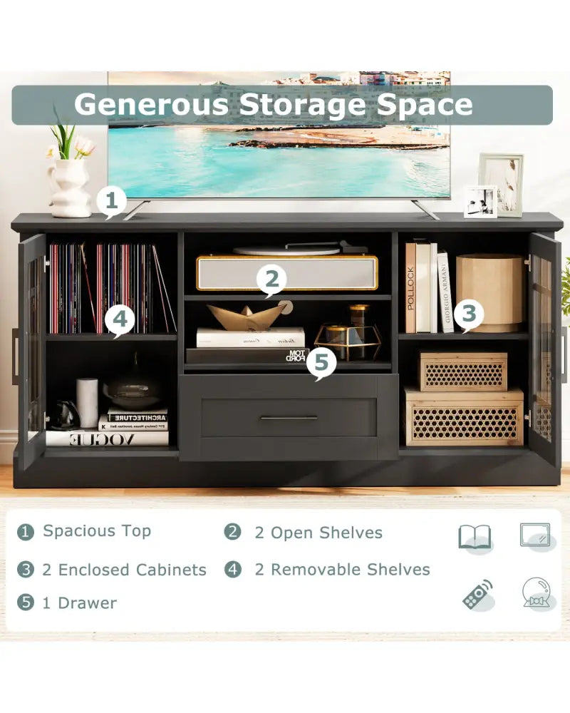 TV Stand for TVs up to 70 with Glass Doors Cubbies and Drawer-Black - Black - Entertainment Centers & TV Stands
