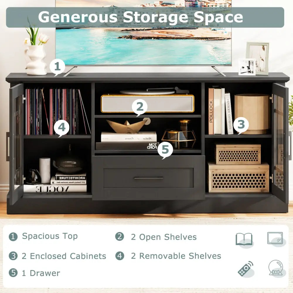 TV Stand for TVs up to 70 with Glass Doors Cubbies and Drawer-Black - Black - Entertainment Centers & TV Stands