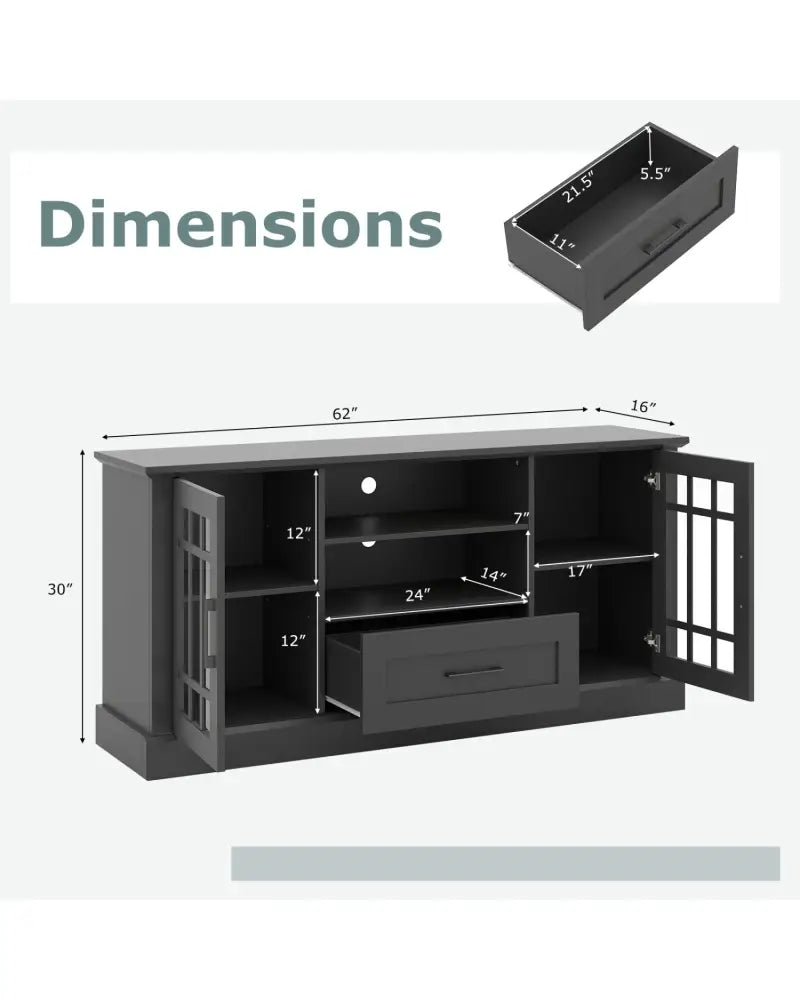 TV Stand for TVs up to 70 with Glass Doors Cubbies and Drawer-Black - Black - Entertainment Centers & TV Stands