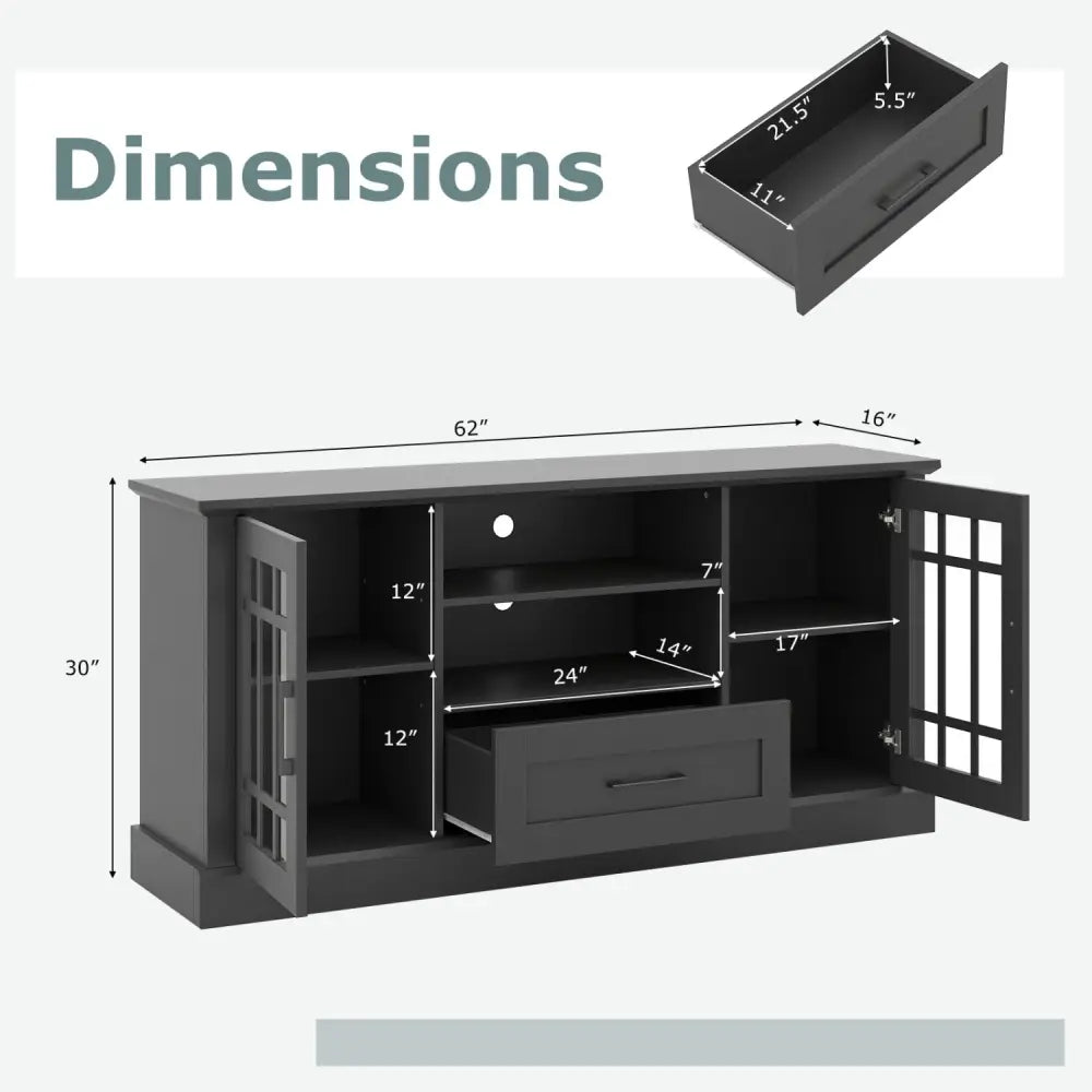 TV Stand for TVs up to 70 with Glass Doors Cubbies and Drawer-Black - Black - Entertainment Centers & TV Stands