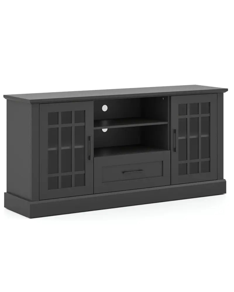 TV Stand for TVs up to 70 with Glass Doors Cubbies and Drawer-Black - Black - Entertainment Centers & TV Stands