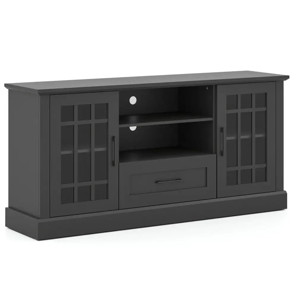 TV Stand for TVs up to 70 with Glass Doors Cubbies and Drawer-Black - Black - Entertainment Centers & TV Stands