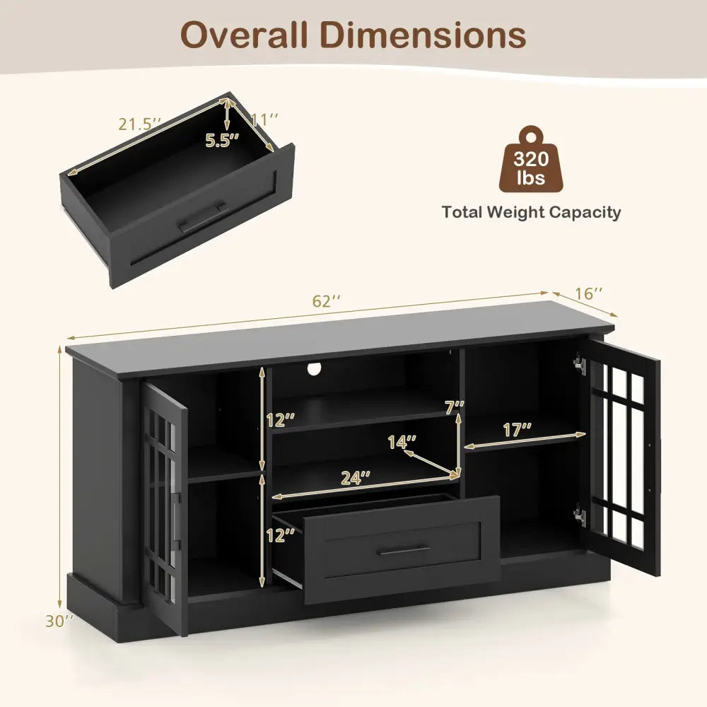 TV Stand for TVs up to 70 with Glass Doors Cubbies and Drawer-Black - Black - Entertainment Centers & TV Stands
