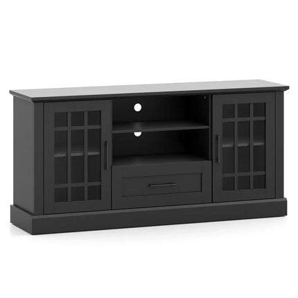TV Stand for TVs up to 70 with Glass Doors Cubbies and Drawer-Black - Black - Entertainment Centers & TV Stands