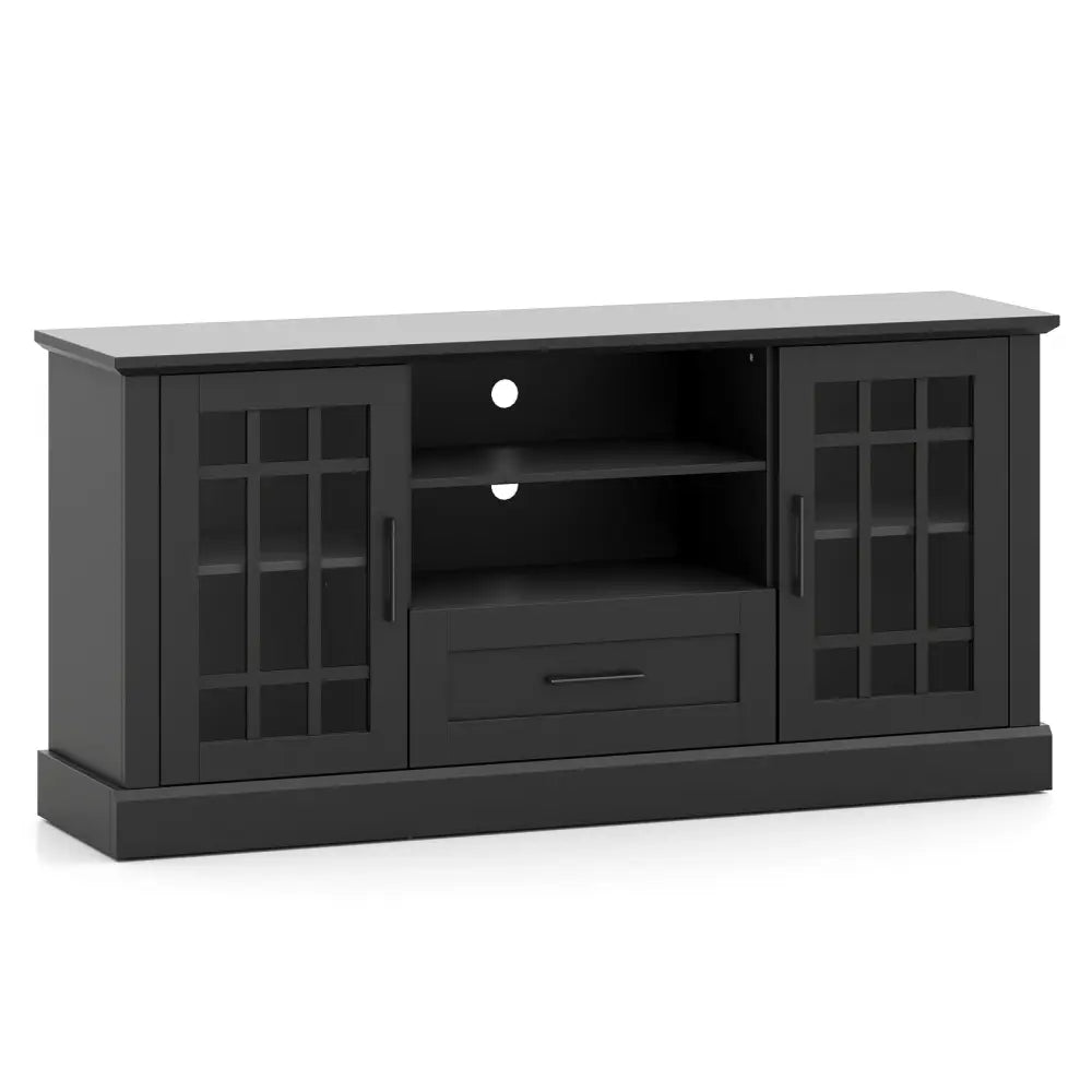 TV Stand for TVs up to 70 with Glass Doors Cubbies and Drawer-Black - Black - Entertainment Centers & TV Stands