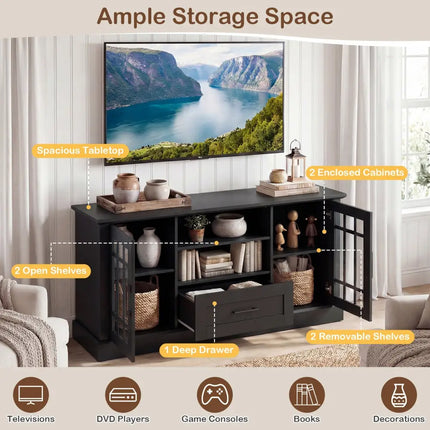 TV Stand for TVs up to 70 with Glass Doors Cubbies and Drawer-Black - Black - Entertainment Centers & TV Stands
