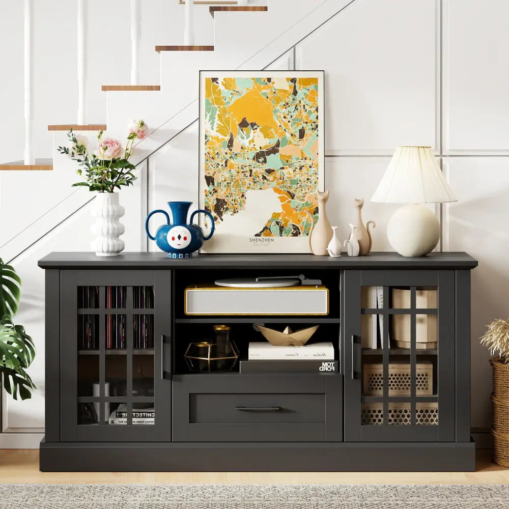 TV Stand for TVs up to 70 with Glass Doors Cubbies and Drawer-Black - Black - Entertainment Centers & TV Stands
