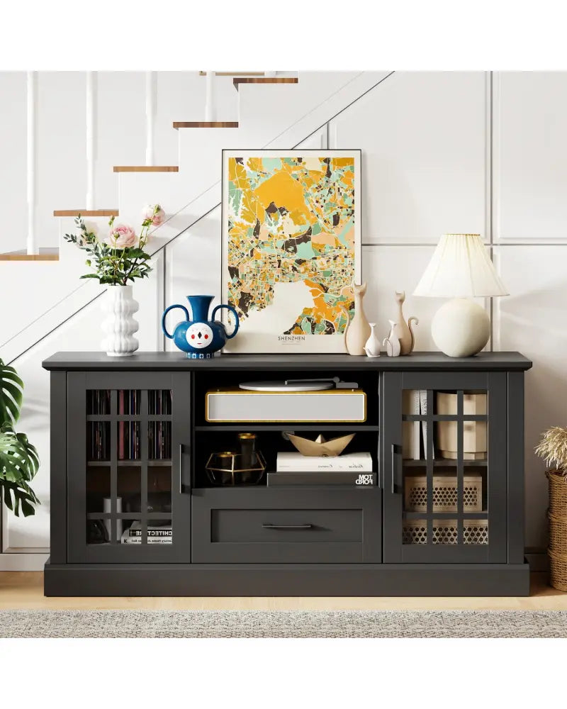 TV Stand for TVs up to 70 with Glass Doors Cubbies and Drawer-Black - Black - Entertainment Centers & TV Stands