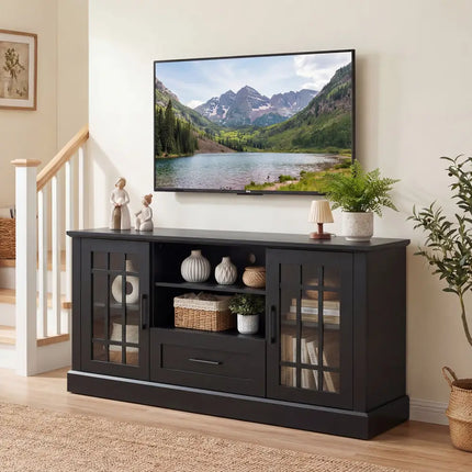 TV Stand for TVs up to 70 with Glass Doors Cubbies and Drawer-Black - Black - Entertainment Centers & TV Stands