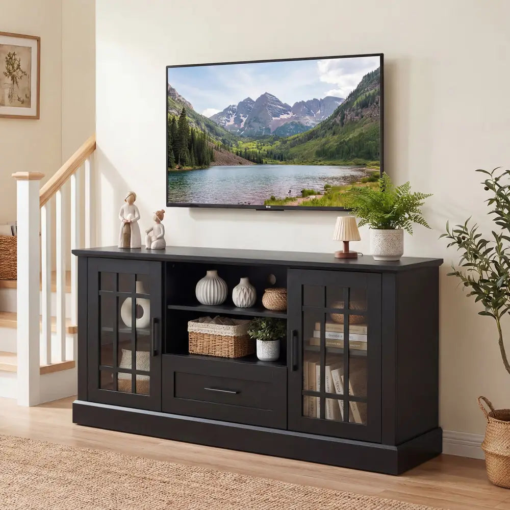 TV Stand for TVs up to 70 with Glass Doors Cubbies and Drawer-Black - Black - Entertainment Centers & TV Stands
