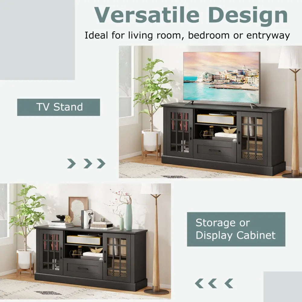 TV Stand for TVs up to 70 with Glass Doors Cubbies and Drawer-Black - Black - Entertainment Centers & TV Stands