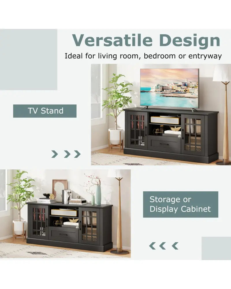 TV Stand for TVs up to 70 with Glass Doors Cubbies and Drawer-Black - Black - Entertainment Centers & TV Stands