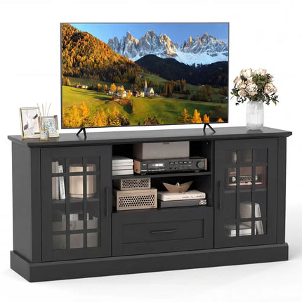 TV Stand for TVs up to 70 with Glass Doors Cubbies and Drawer-Black - Black - Entertainment Centers & TV Stands