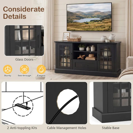 TV Stand for TVs up to 70 with Glass Doors Cubbies and Drawer-Black - Black - Entertainment Centers & TV Stands
