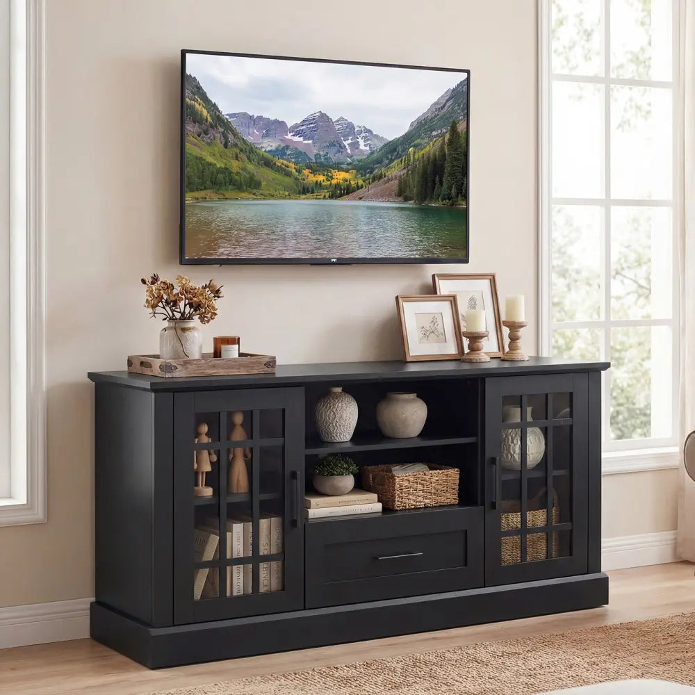TV Stand for TVs up to 70 with Glass Doors Cubbies and Drawer-Black - Black - Entertainment Centers & TV Stands