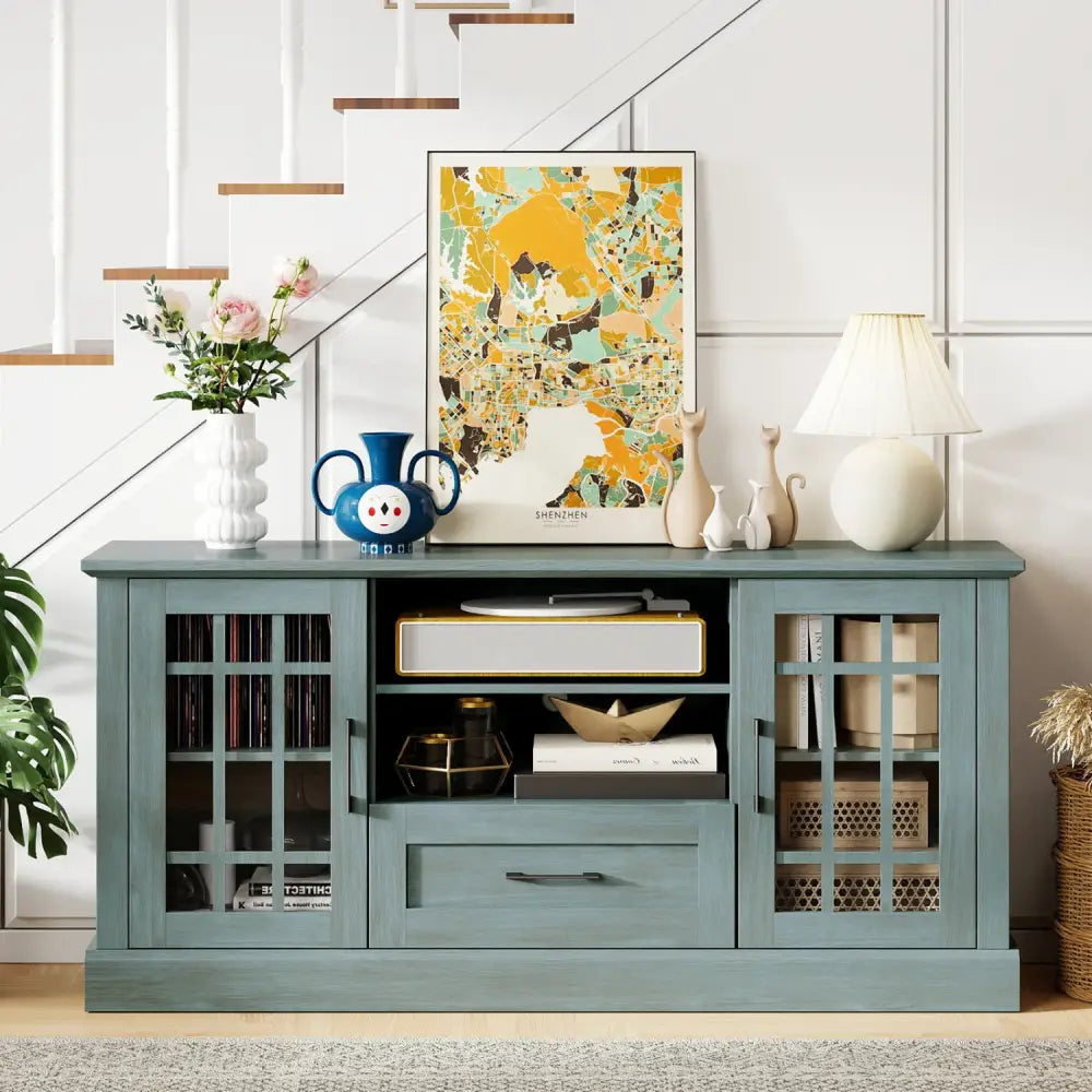 TV Stand for TVs up to 70 with Glass Doors Cubbies and Drawer-Green - Green - Entertainment Centers & TV Stands