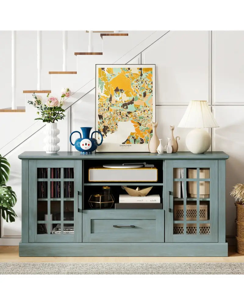 TV Stand for TVs up to 70 with Glass Doors Cubbies and Drawer-Green - Green - Entertainment Centers & TV Stands