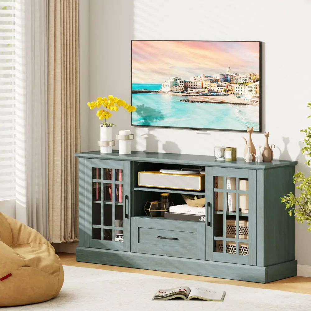 TV Stand for TVs up to 70 with Glass Doors Cubbies and Drawer-Green - Green - Entertainment Centers & TV Stands
