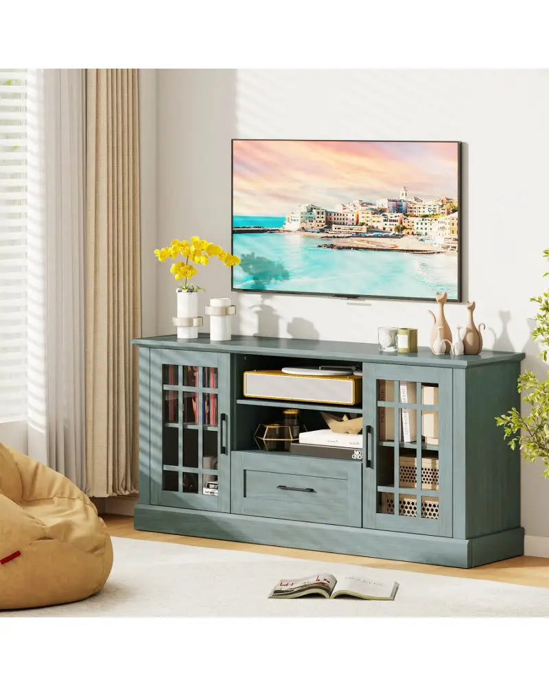 TV Stand for TVs up to 70 with Glass Doors Cubbies and Drawer-Green - Green - Entertainment Centers & TV Stands