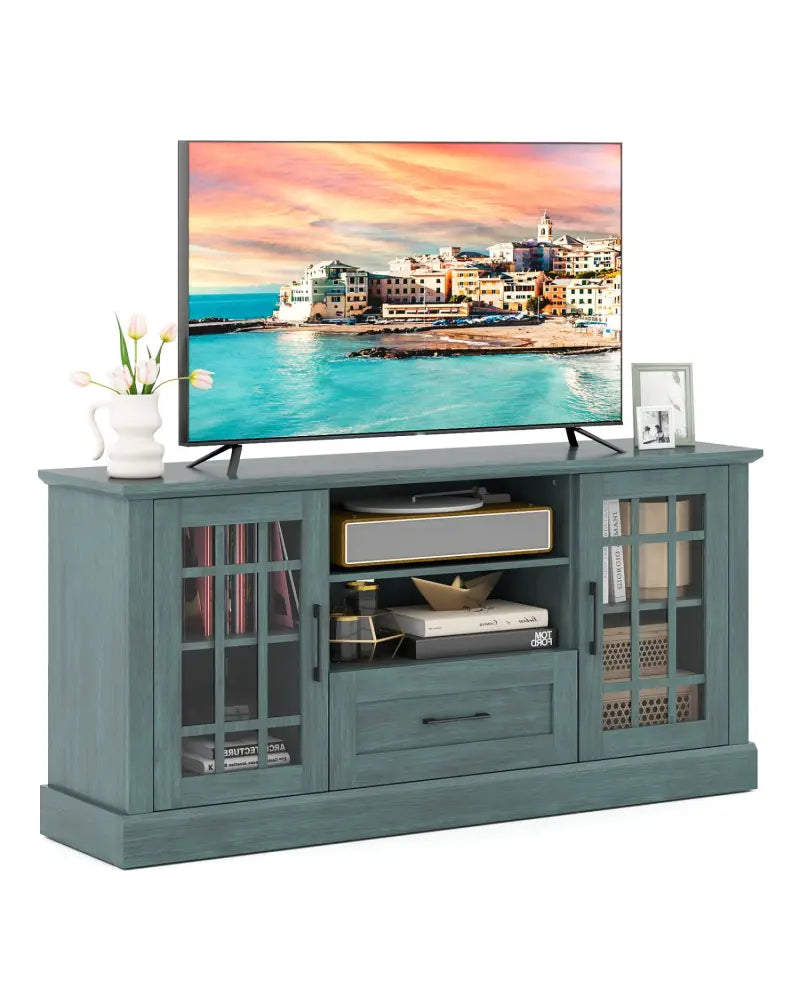 TV Stand for TVs up to 70 with Glass Doors Cubbies and Drawer-Green - Green - Entertainment Centers & TV Stands