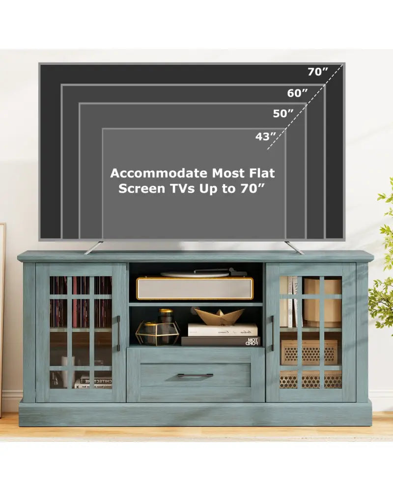TV Stand for TVs up to 70 with Glass Doors Cubbies and Drawer-Green - Green - Entertainment Centers & TV Stands