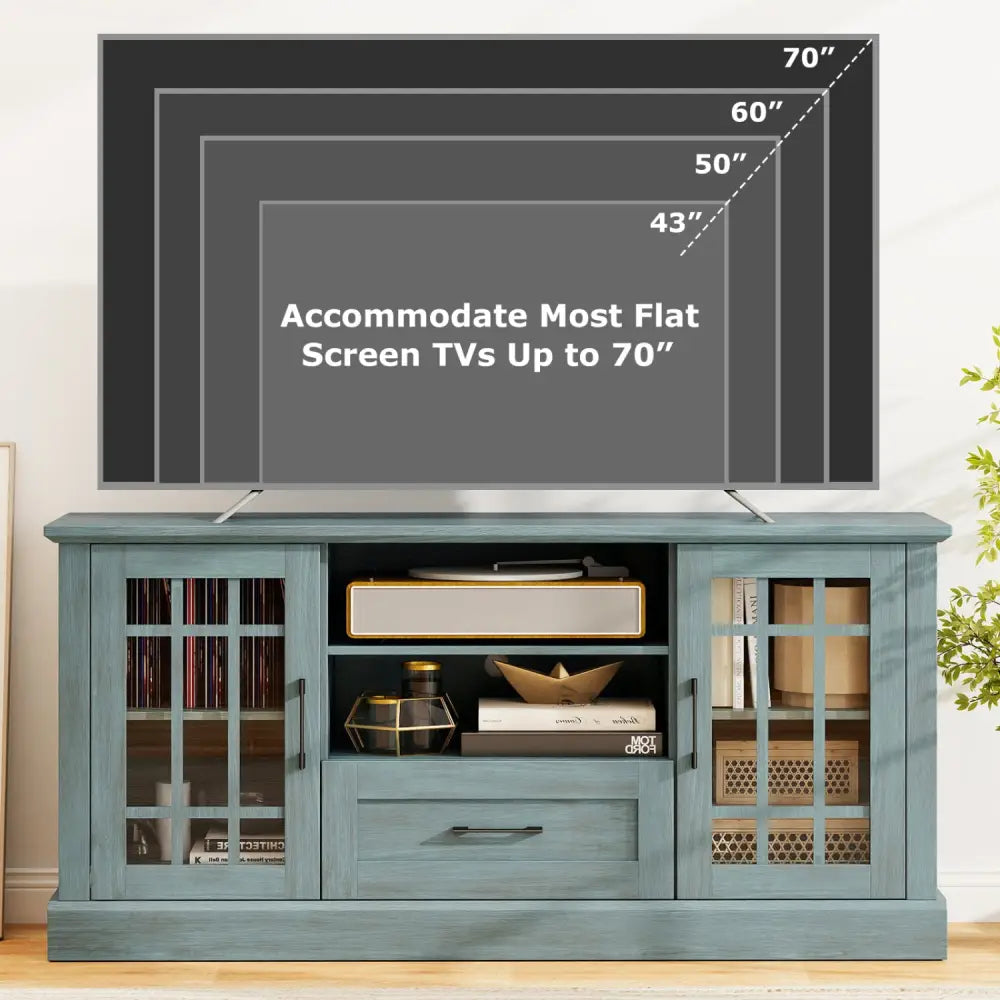 TV Stand for TVs up to 70 with Glass Doors Cubbies and Drawer-Green - Green - Entertainment Centers & TV Stands