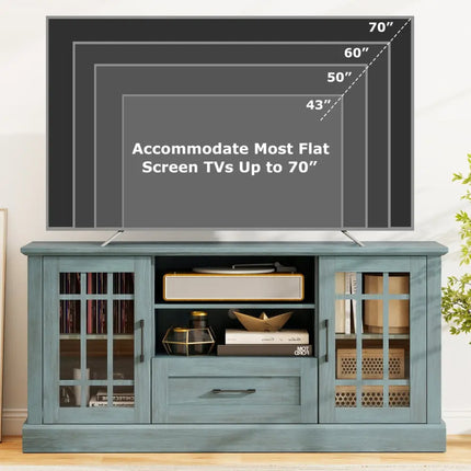 TV Stand for TVs up to 70 with Glass Doors Cubbies and Drawer-Green - Green - Entertainment Centers & TV Stands