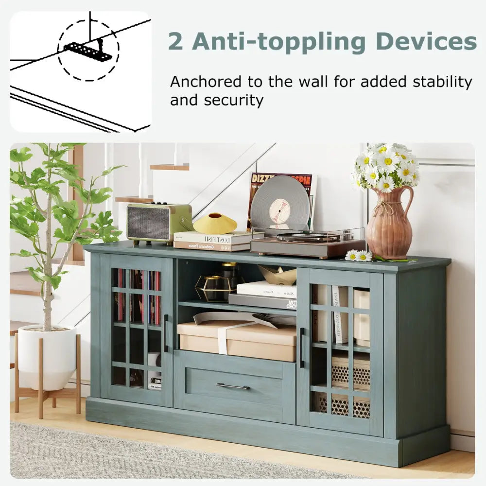 TV Stand for TVs up to 70 with Glass Doors Cubbies and Drawer-Green - Green - Entertainment Centers & TV Stands