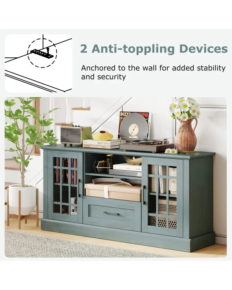 TV Stand for TVs up to 70 with Glass Doors Cubbies and Drawer-Green - Green - Entertainment Centers & TV Stands