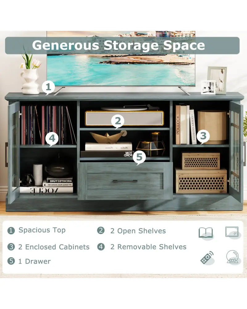 TV Stand for TVs up to 70 with Glass Doors Cubbies and Drawer-Green - Green - Entertainment Centers & TV Stands