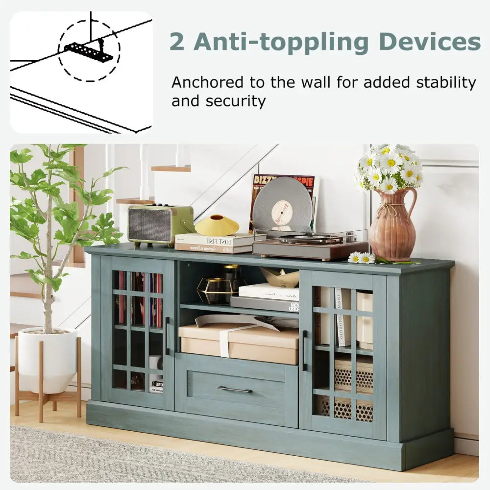 TV Stand for TVs up to 70 with Glass Doors Cubbies and Drawer-Green - Green - Entertainment Centers & TV Stands