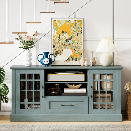 TV Stand for TVs up to 70 with Glass Doors Cubbies and Drawer-Green - Green - Entertainment Centers & TV Stands
