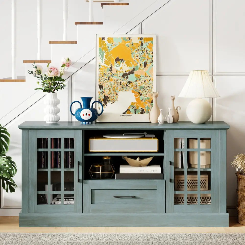 TV Stand for TVs up to 70 with Glass Doors Cubbies and Drawer-Green - Green - Entertainment Centers & TV Stands