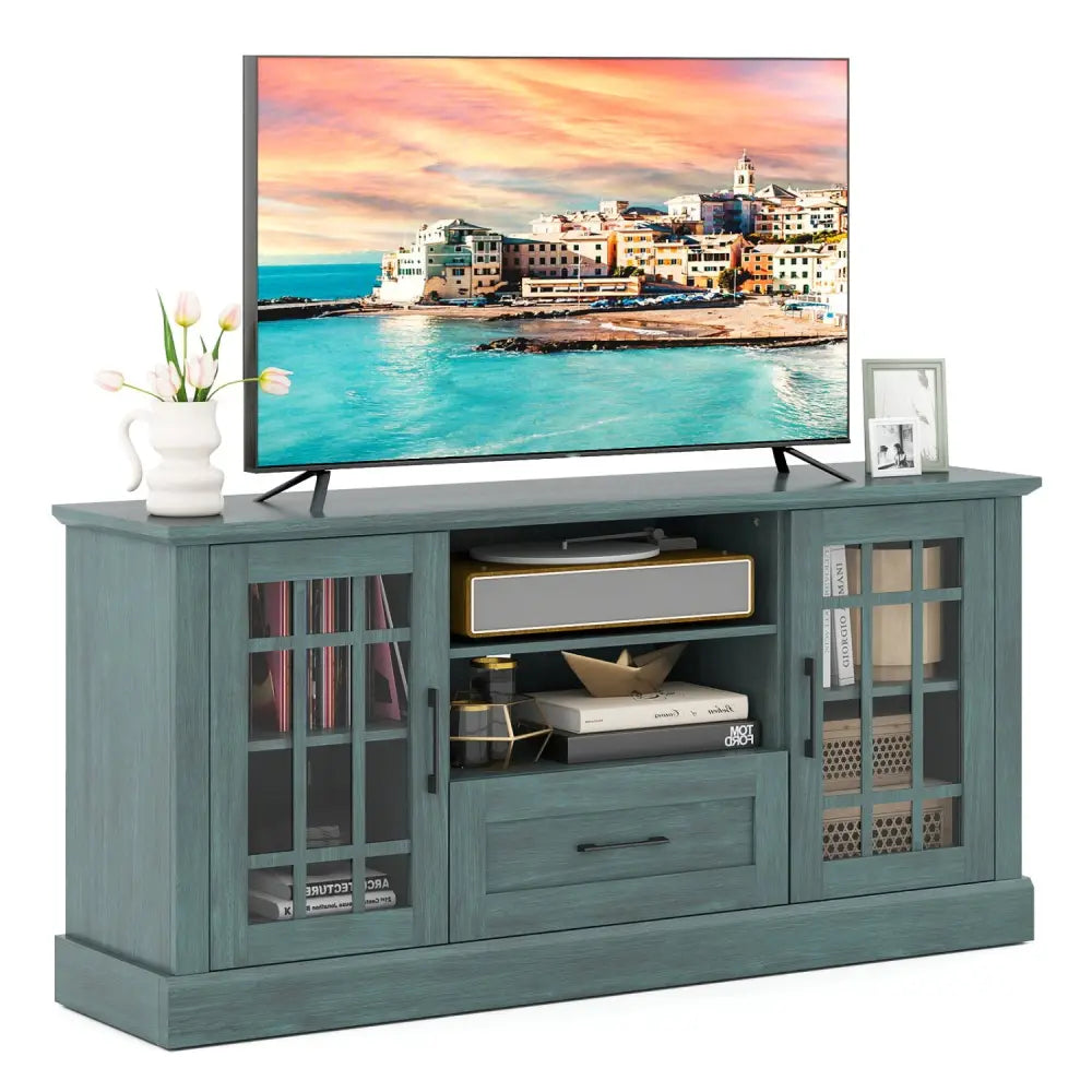 TV Stand for TVs up to 70 with Glass Doors Cubbies and Drawer-Green - Green - Entertainment Centers & TV Stands