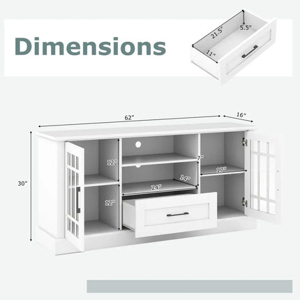 TV Stand for TVs up to 70 with Glass Doors Cubbies and Drawer-White - White - Entertainment Centers & TV Stands