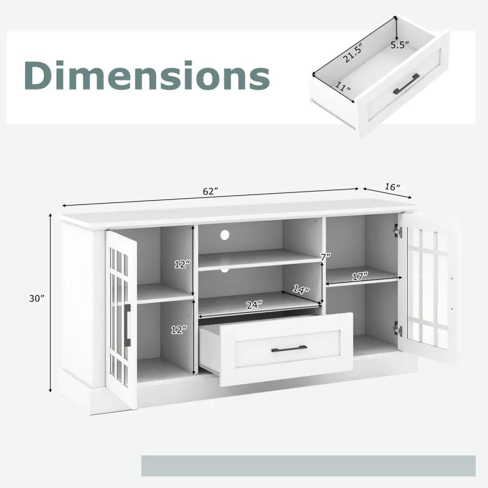 TV Stand for TVs up to 70 with Glass Doors Cubbies and Drawer-White - White - Entertainment Centers & TV Stands