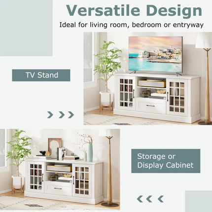 TV Stand for TVs up to 70 with Glass Doors Cubbies and Drawer-White - White - Entertainment Centers & TV Stands