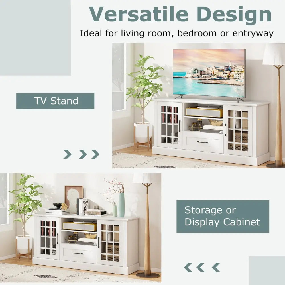 TV Stand for TVs up to 70 with Glass Doors Cubbies and Drawer-White - White - Entertainment Centers & TV Stands