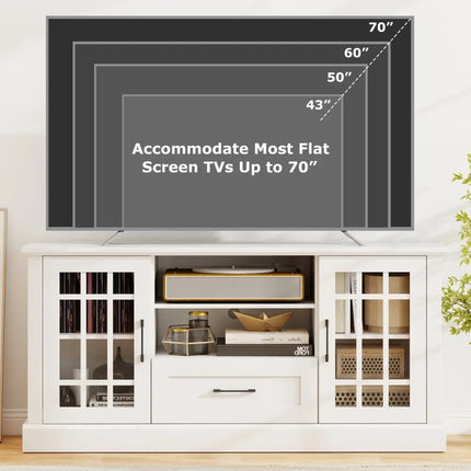 TV Stand for TVs up to 70 with Glass Doors Cubbies and Drawer-White - White - Entertainment Centers & TV Stands