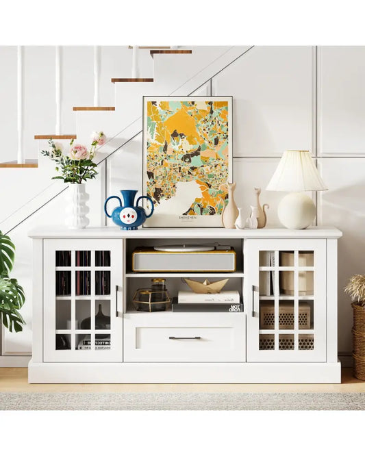 TV Stand for TVs up to 70 with Glass Doors Cubbies and Drawer-White - White - Entertainment Centers & TV Stands
