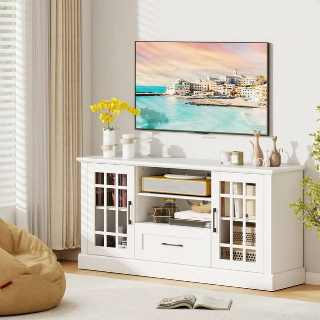 TV Stand for TVs up to 70 with Glass Doors Cubbies and Drawer-White - White - Entertainment Centers & TV Stands
