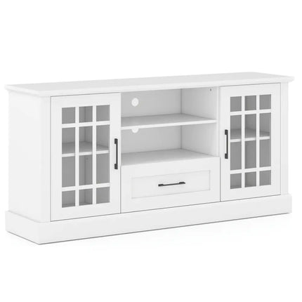 TV Stand for TVs up to 70 with Glass Doors Cubbies and Drawer-White - White - Entertainment Centers & TV Stands