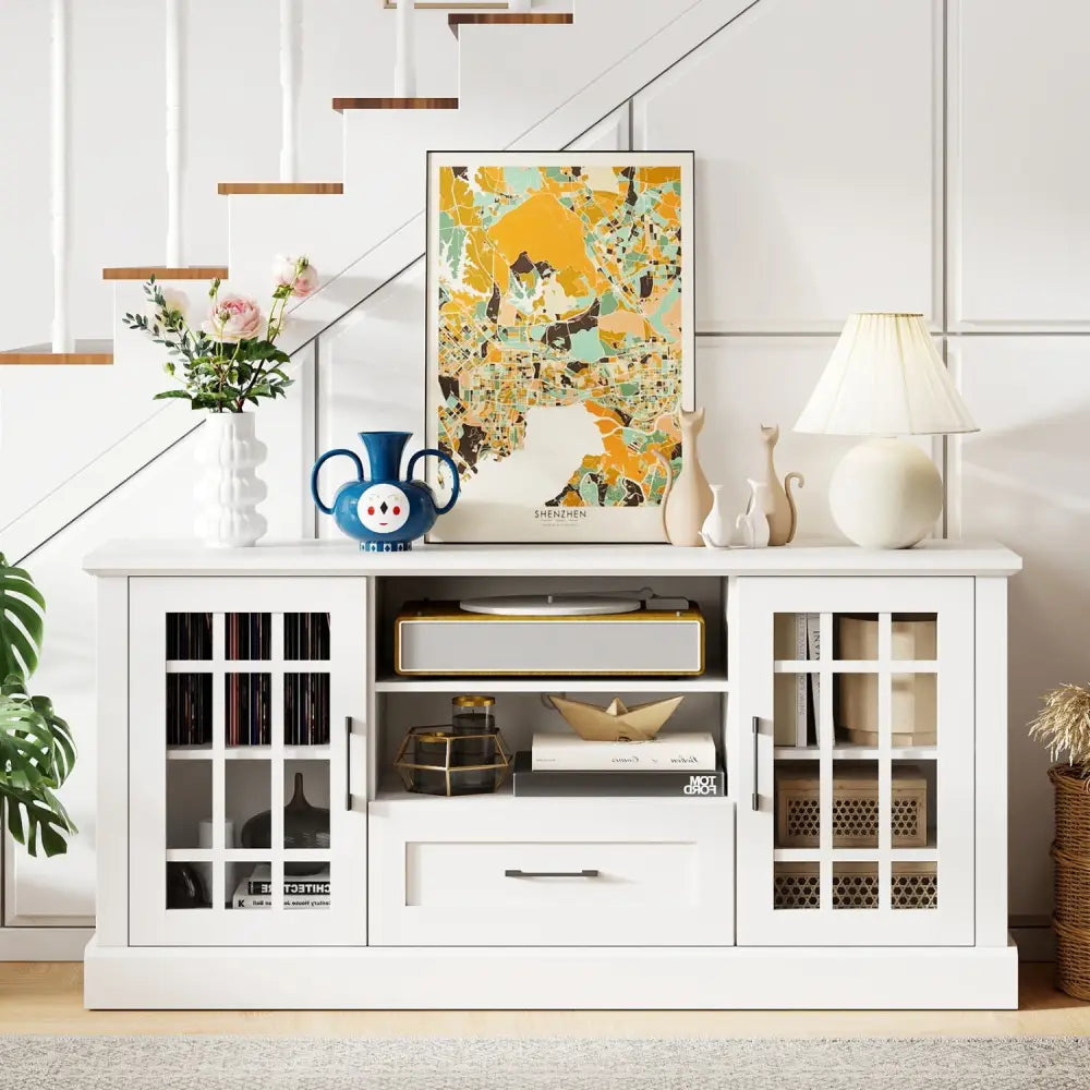 TV Stand for TVs up to 70 with Glass Doors Cubbies and Drawer-White - White - Entertainment Centers & TV Stands